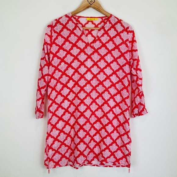 Roller Rabbit Jemina Kurta red and pink print 3/4 length sleeve tunic top. Small - Picture 2 of 7